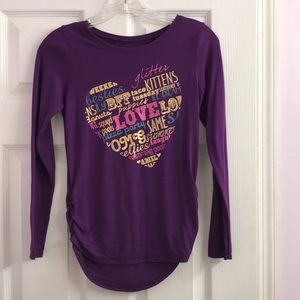 Girls Hanes Purple Heart Ling Sleeve Ruched Shirt Love Kittens M